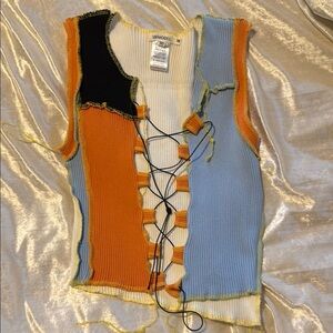 Colorful Patchwork Lace-Up Top